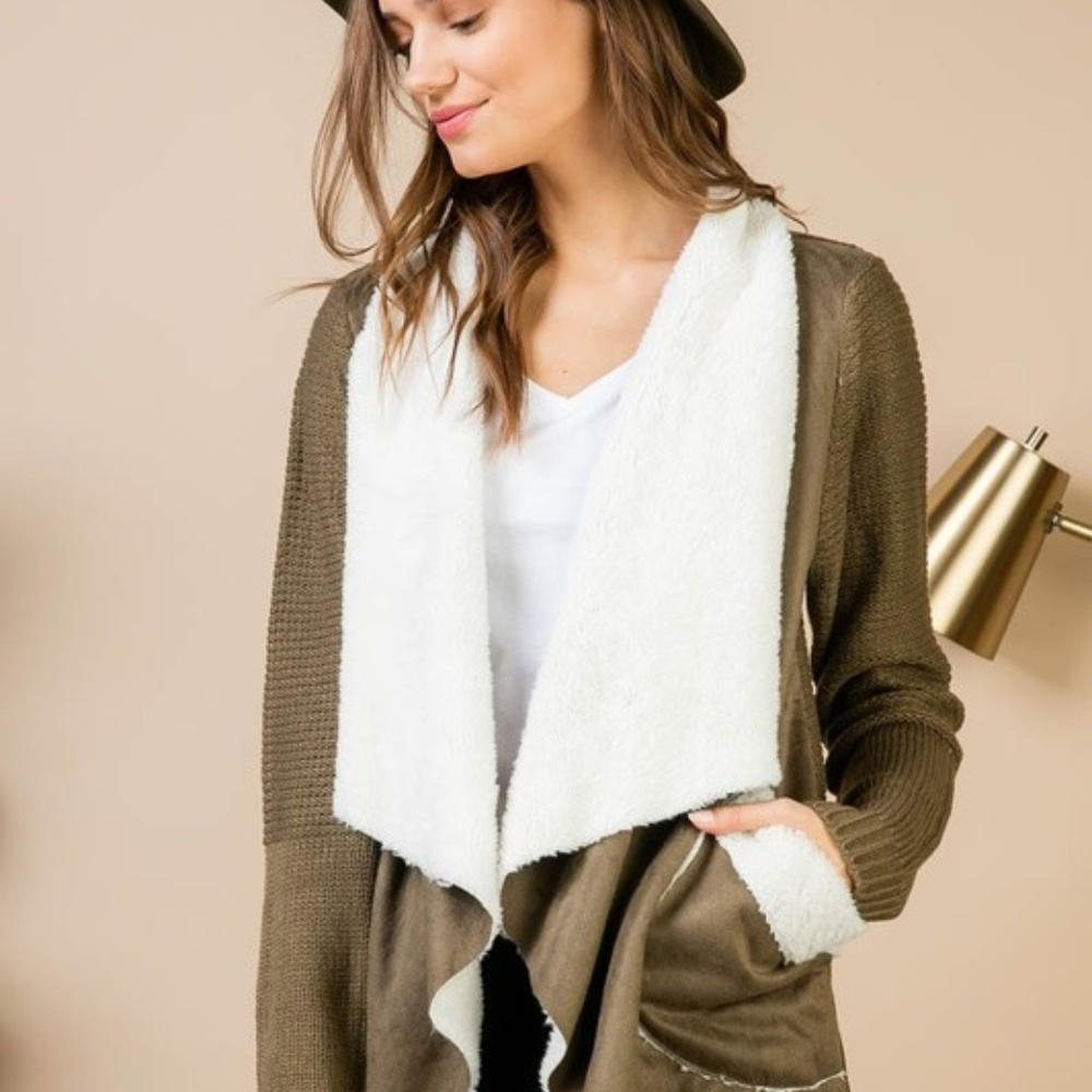 Contrast Faux Fur Open Front Knit Coat Olive
